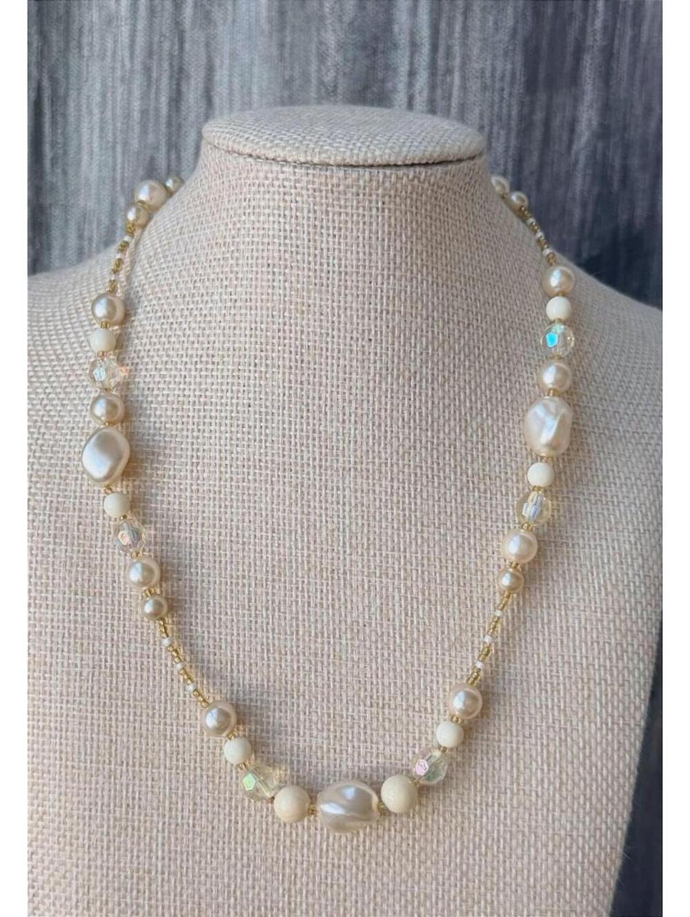Vintage Faux Pearl Crystal Beaded Necklace Gold